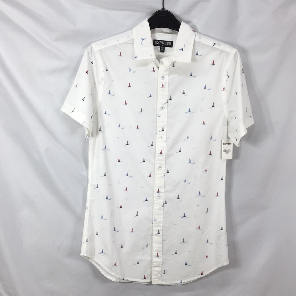 Express Mens Short Sleeve Button Down With Sailboats Size XS NEW With Tags